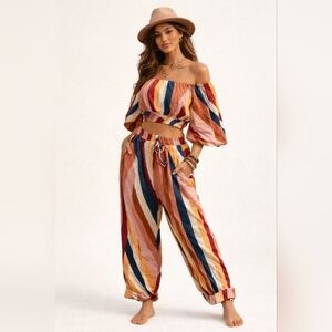 Farm Rio Two-Piece Sunny Stripe Linen Set - Rolled cuff trousers and crop top